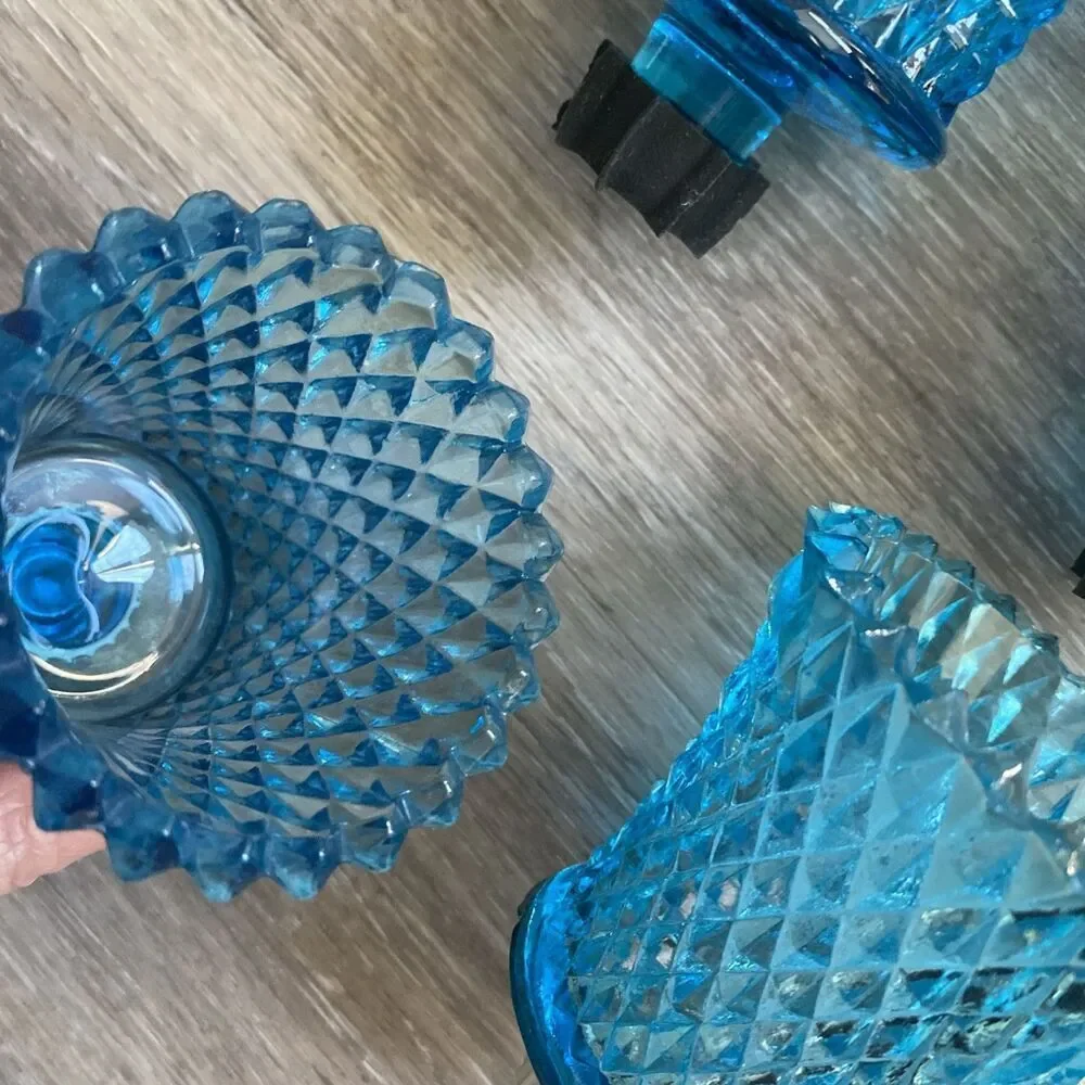 Vintage HOMCO Aqua Blue Glass Diamond Point Peg Votive Holder Set Of 4